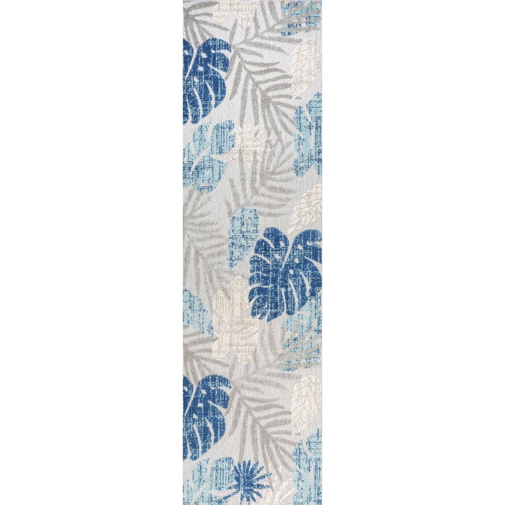 Light Gray and Navy Tropical Leaf Runner Rug, 2'-3" x 8', Synthetic