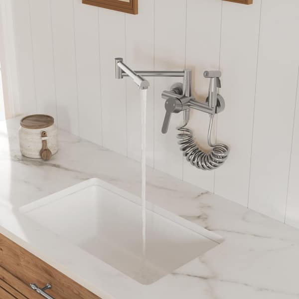 Wall Mount Cold and Hot Pot Filler with Spray Gun in Brushed Nickel