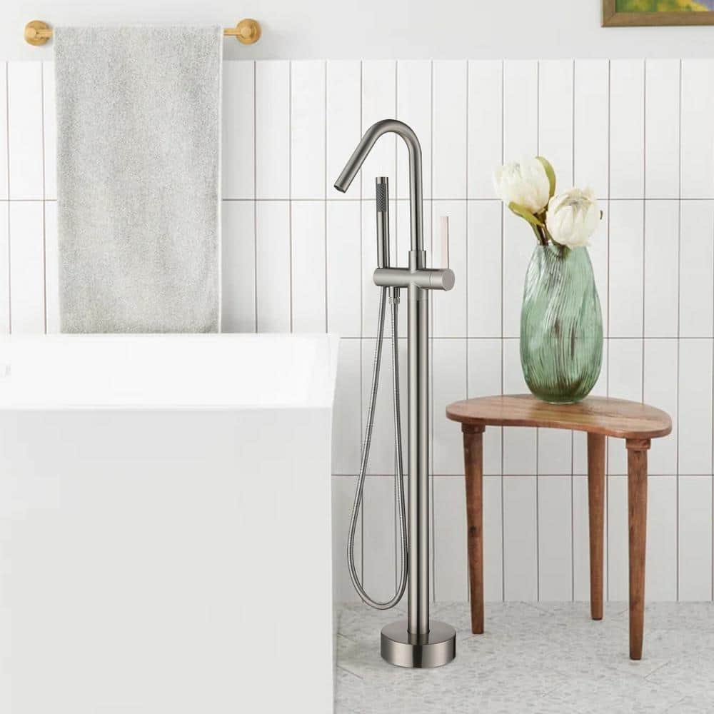 Brushed Nickel Freestanding Tub Filler with Hand Shower