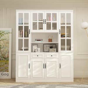 White Wood Storage Cabinet Kitchen Hutch with Glass Doors, Adjustable Shelves ( 63 in. W x 15.7 in. D x 78.7 in. H)