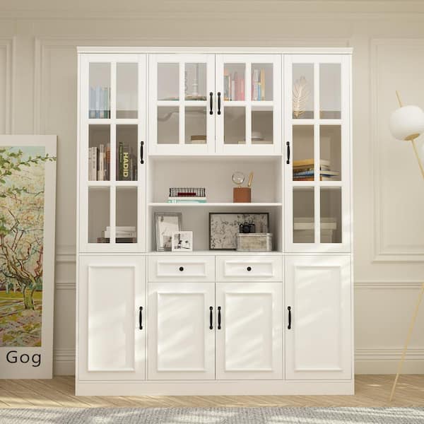FUFU&GAGA White Wood Storage Cabinet Kitchen Hutch with Glass Doors, Adjustable Shelves ( 63 in. W x 15.7 in. D x 78.7 in. H)