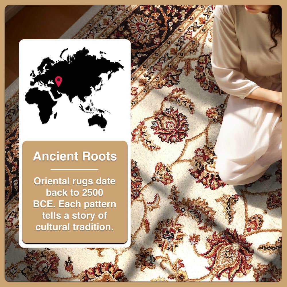 Ivory and Brown Tufted Oriental Floral 8' x 10' Area Rug