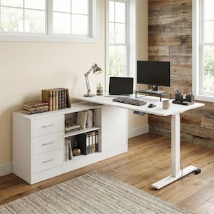 63 in. Width L-Shape White Wooden 3-Drawer Writing Desk with Adjustable Height, Open Shelves and a Door Storage Cabinet