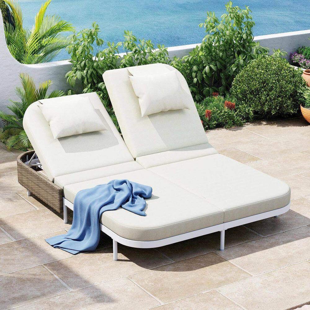 White Iron Frame Brown Wicker Outdoor Patio Day Bed with Beige Cushions, 2 Pillows price history on PriceWatchPro