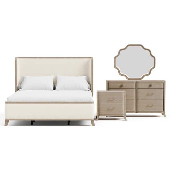 Ellington 4-Piece Natural Oak Fabric Wingback King Panel Bedroom Set with Nightstand and Dresser/Mirror
