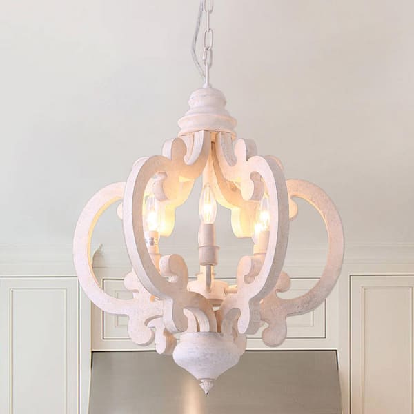 Bella Depot 24 in. French Country 6 Light White Crown Chandelier Cottage Rustic Wooden Light MZD4002 6E