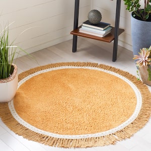 Easy Care Yellow/Ivory Doormat 3 ft. x 3 ft. Machine Washable Solid Color Round Area Rug