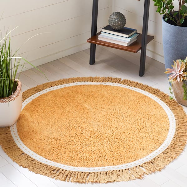 Easy Care Yellow/Ivory 4 ft. x 4 ft. Machine Washable Solid Fringe Border Round Area Rug