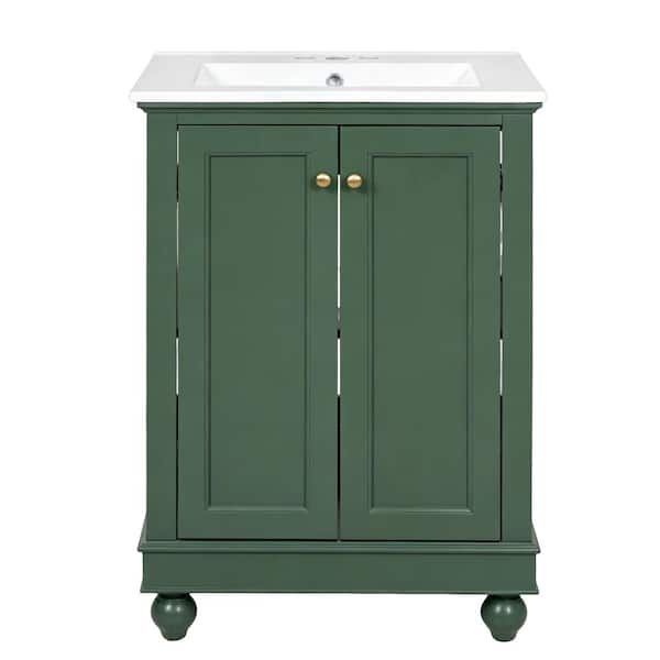 YSQCAR 24 in. W Green Freestanding Bath Vanity with White Ceramic
