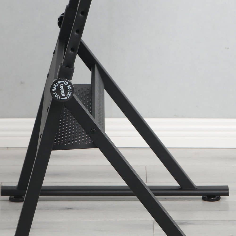 Close-up of the black metal A-frame leg and adjustment knob.