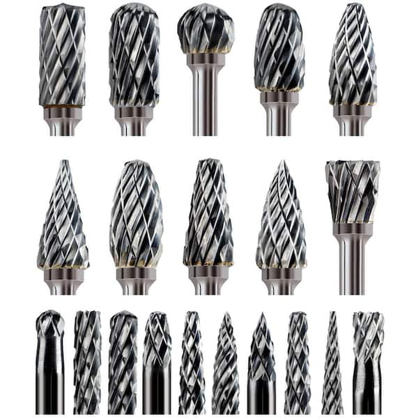 20 Pieces Tungsten Carbide Burr Bits Set Double Cut 1/8 in. Shank for Metal Grinding Carving Cutting Wood Stone Steel