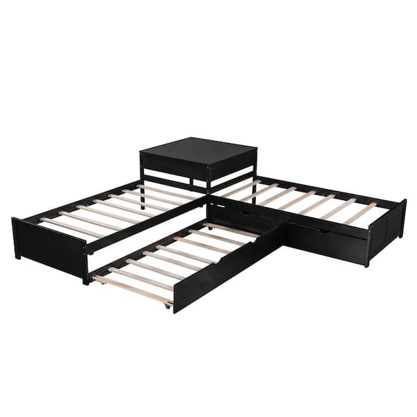 Modern Espresso Twin Size L-shaped Platform Bed with Trundle and Drawers Linked with Built-in Desk