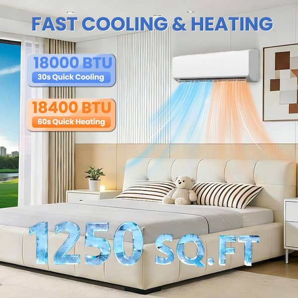 18000BTU Mini Split AC/Heater, 230-Volt Ductless Inverter/Heat Pump, 25dB Quiet, Auto Clean/Defrost, Energy Saving