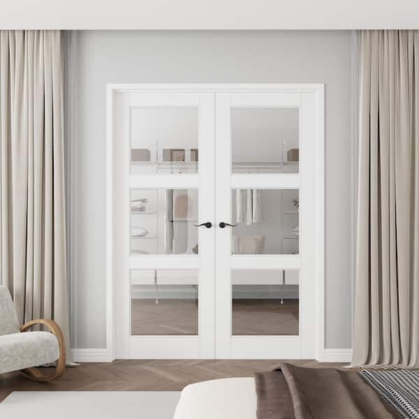 56 in. x 80 in. Universal 3-Lite Clear Glass White Solid Core Glass Double Prehung French Door+ Quick Assemble Frame