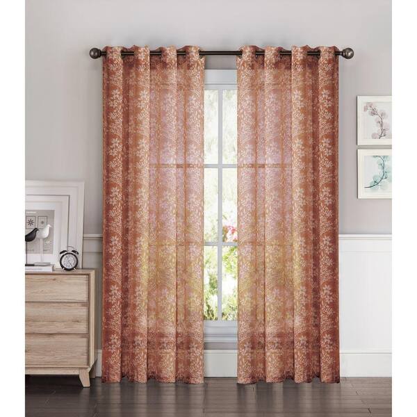 Window Elements Sheer Botanica Faux Linen 54 in. W x 84 in. L Semi-Sheer Grommet Extra Wide Curtain Panel in Rust