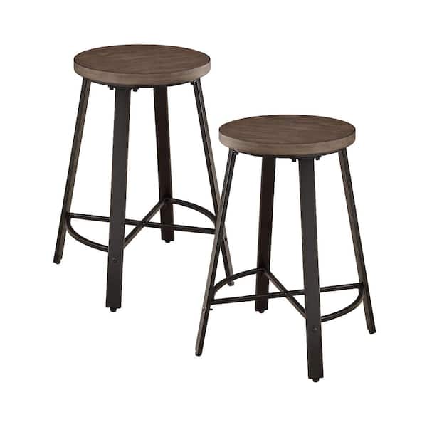 Unbranded Nelina 24 in. Gray Metal Counter Height Stool with Burnished Brown Wood Seat (Set of 2)