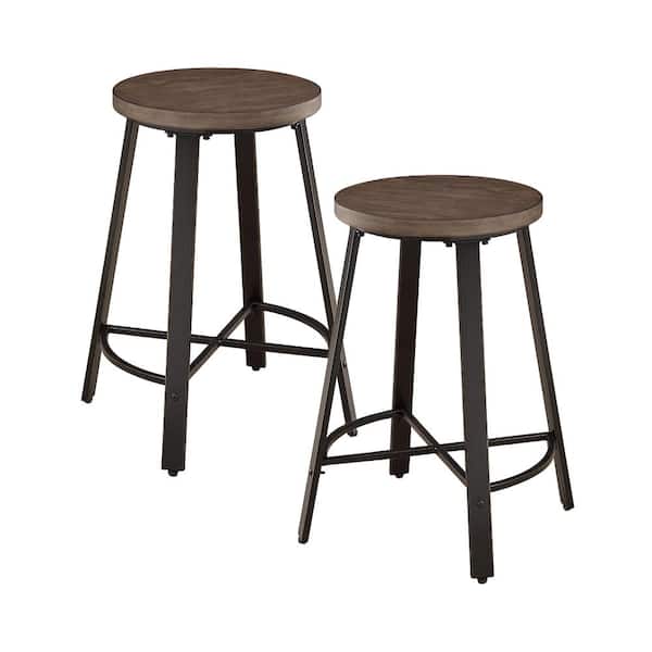 Lazzara Nelina 24 in. Gray Metal Counter Height Stool with Burnished Brown Wood Seat (Set of 2)