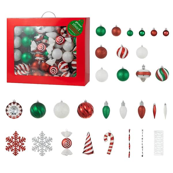 160 CT Christmas Whimsical Red and Green Deluxe Boxed Shatterproof Ornaments
