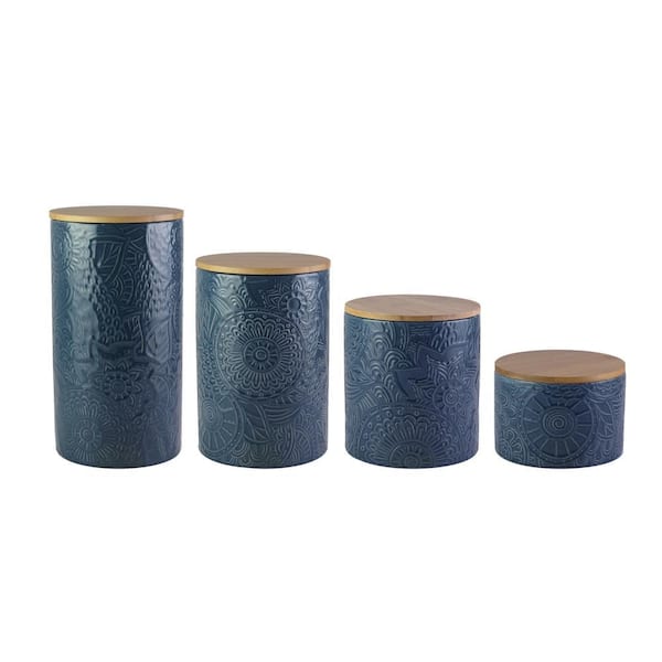 4-Piece Embossed Blue Stoneware Canister Set with Wood Lid