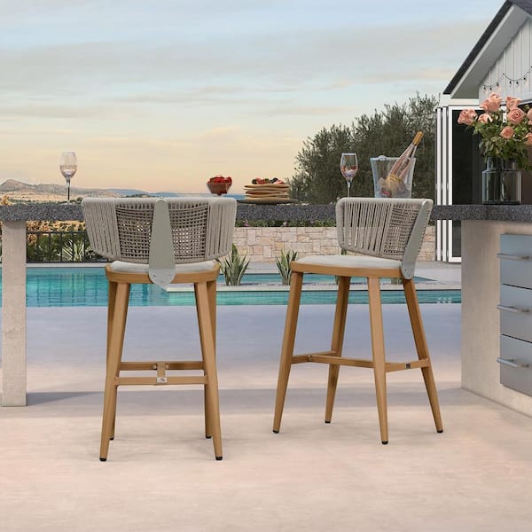 Modern Aluminum Wicker Bar Height Outdoor Bar Stool with Woven Rope Back Patio Barstools, Teak(2-Pack)