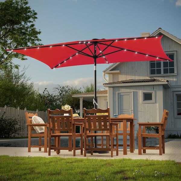 JOYESERY 10 ft. x 6.5 ft. Solar LED Rectangle Market Patio Umbrellas with Solar Lights Tilt Button in Venetian Red