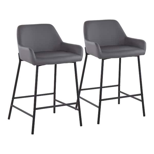 Lumisource Daniella 33 in. Fixed-Height Grey Faux Leather and Black Steel Counter Height Bar Stool (Set of 2)