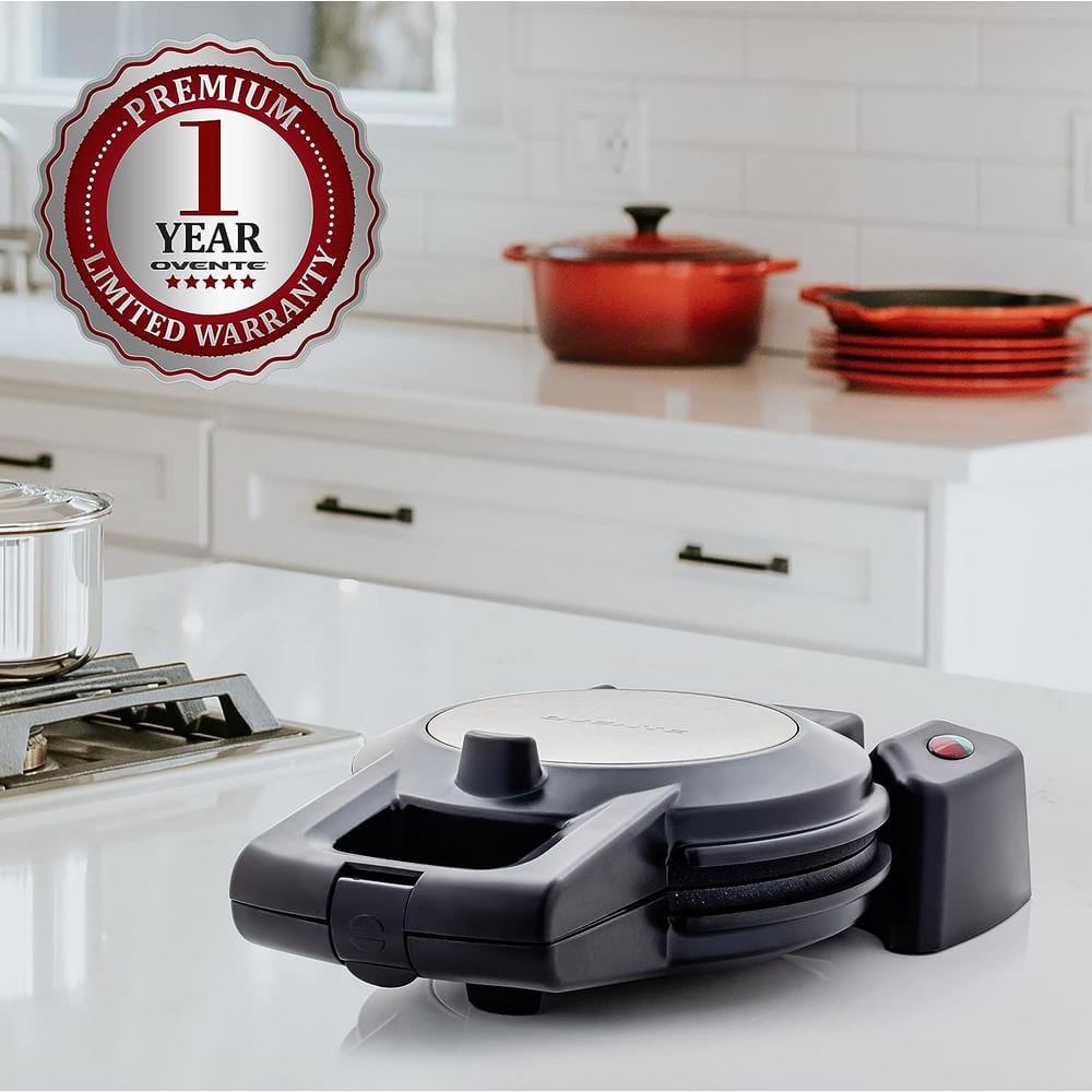 Black Stainless Steel Rotating Belgian Waffle Maker with Non-Stick Plates
