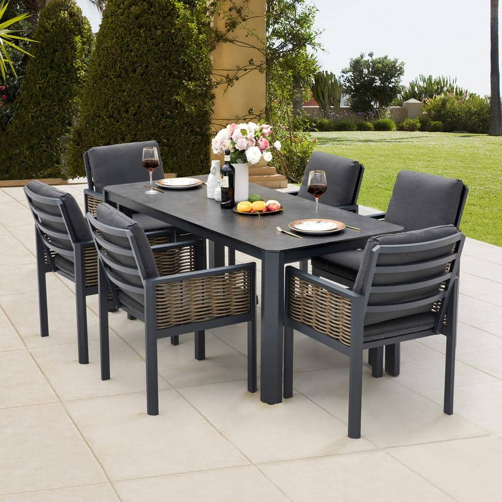 Patio Time Hallie 7 Piece Aluminum and Wicker Outdoor Dining Table Set with Cushions SWD041 01 The Home Depot