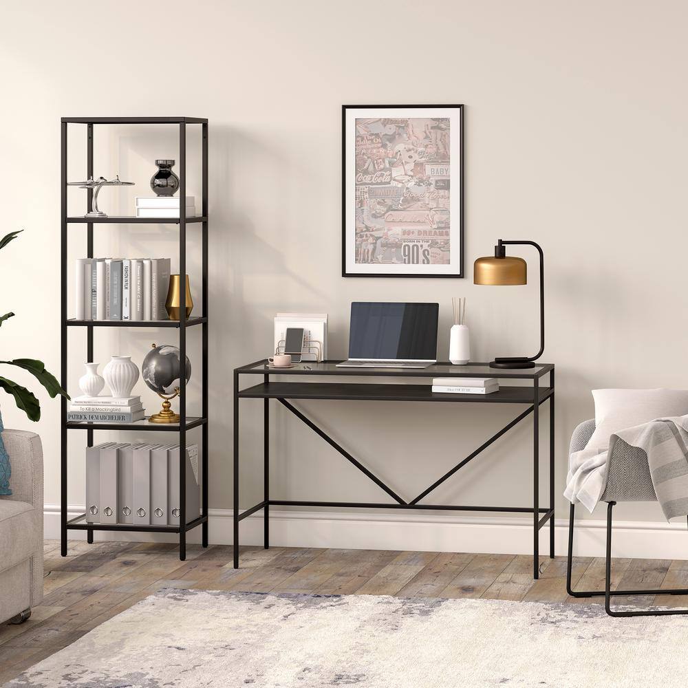 Sleek Blackened Bronze Desk with Tempered Glass Top and Metal Shelf