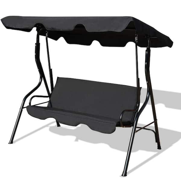ANGELES HOME 3-Person Metal Porch Swing with Adjustable Canopy, Soft Cushions and Feet Pads-Black