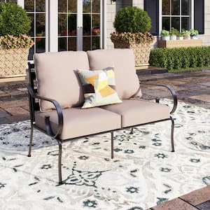 Black Metal Frame Outdoor Patio Loveseat with Beige Cushions