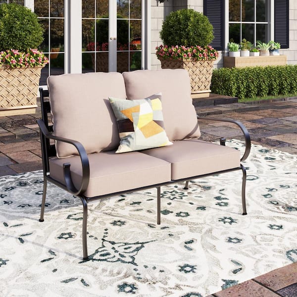 PHI VILLA Black Metal Frame Outdoor Patio Loveseat with Beige Cushions