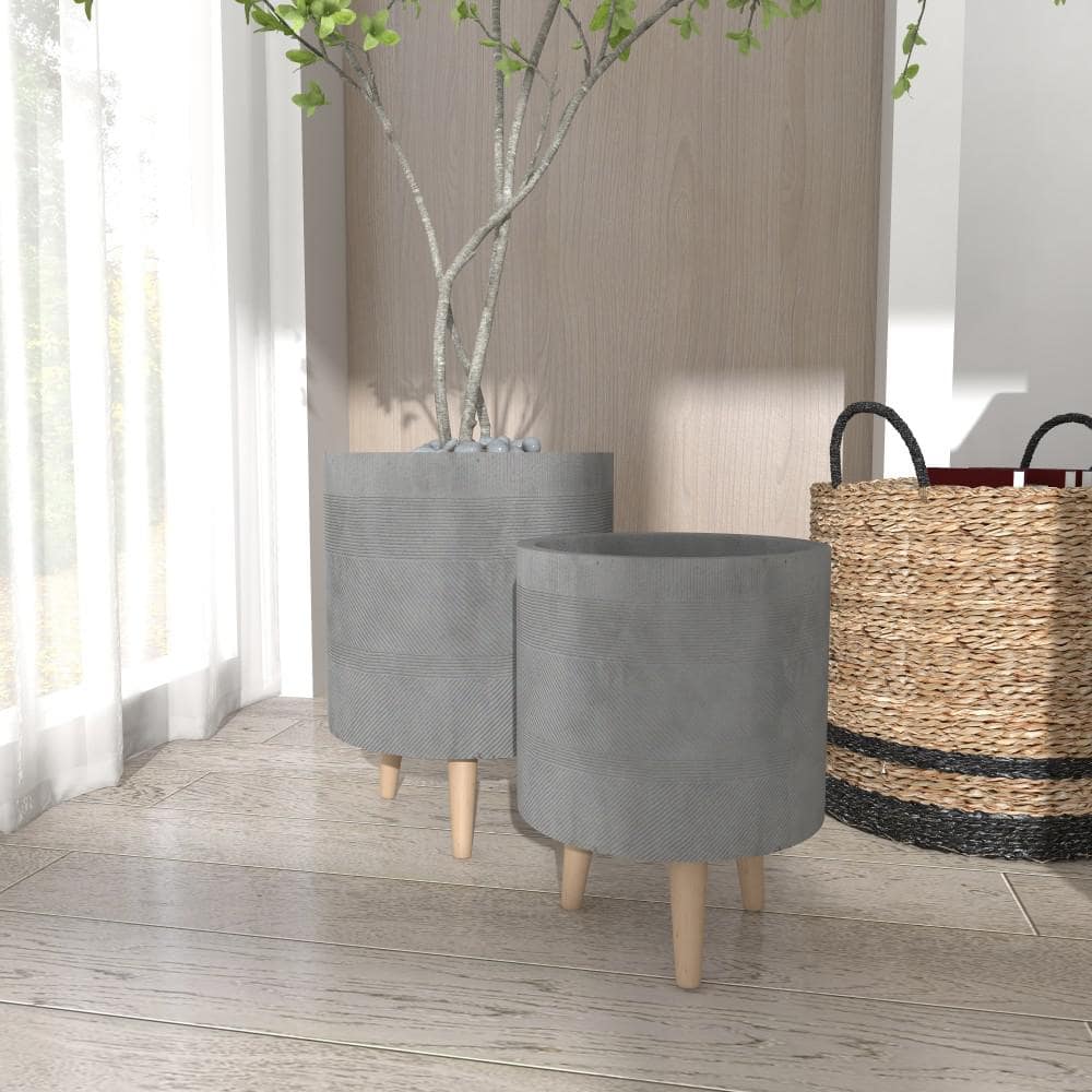 Gray Ceramic Indoor Outdoor Planter Set with Wood Legs