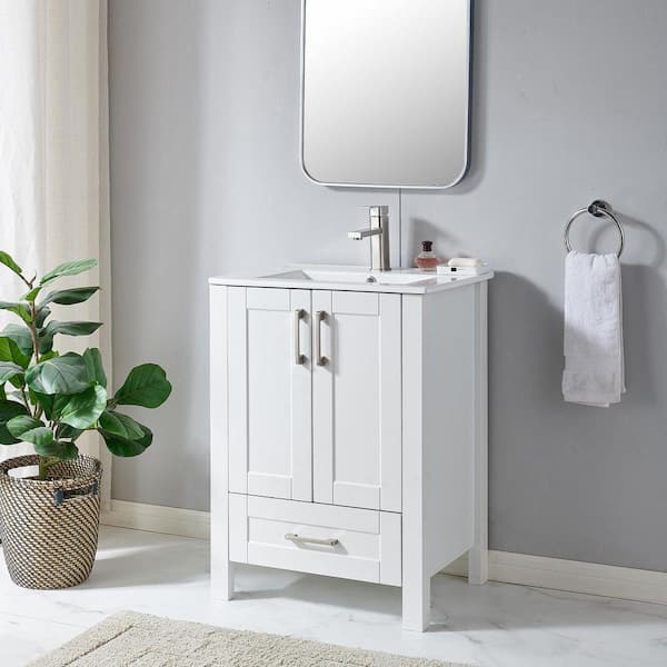 24 in. W x 18 in. D x 32in. H Free-standing Single Bathroom Vanity in White with Single White Ceramic Sink