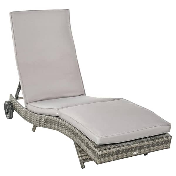 Zeus & Ruta 1-Piece Gray Wicker Outdoor Chaise Lounge with 5-Level Adjustable Backrest Wheels Gray Cushions for Garden Yard