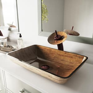 Donatello Wooden Brown Glass 22 in. L x 15 in. W x 5 in. H Rectangular Vessel Bathroom Sink