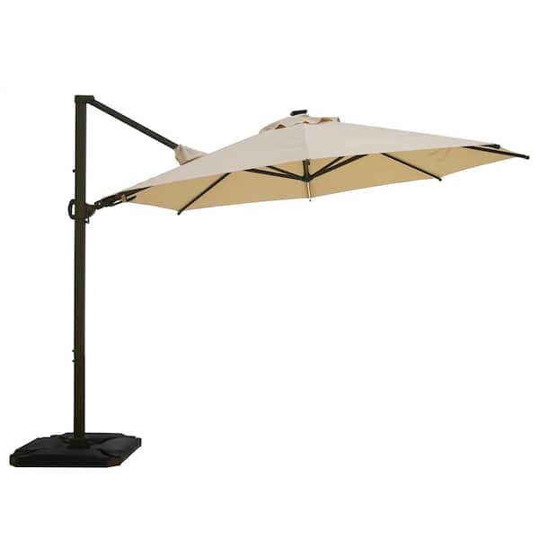 LAUREL CANYON 11.5 ft. 360-Degree Rotating Aluminum Cantilever Solar Light Patio Umbrella with Base Weight in Beige