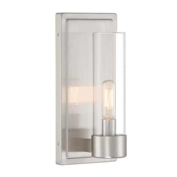 Home Decorators Collection Closmere 5 in. 1-Light Brushed Nickel Mid-Century Modern Wall Sconce with Clear Glass Shade