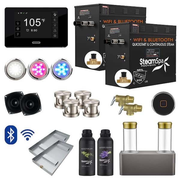 SteamSpa Black Series 24kW Steam Bath Generator with Continuous Steam Plus Quick Start and Aroma Scent Pump in Brushed Nickel