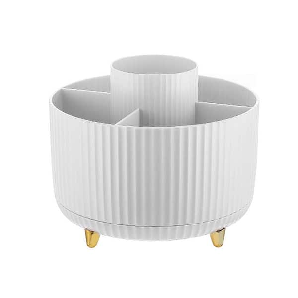 White 360° Rotating Desk Organizer with 5 Compartments, Plastic Pen Holder for Office and Home 5.30 in. x 6.30 in.