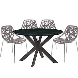 Ravenna 5-Piece Dining Set with 4-Stackable Plastic Chairs and Round Table with Geometric Base, Taupe