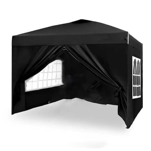10 ft. x 10 ft. Steel Frame Pop-up Gazebo Portable Canopy Tent with 4 Sidewalls Windows Wheeled Bag For Outdoor Black