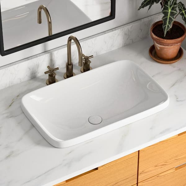 24 in. x 15 in. Drop-In Bathroom Sink Rectangle, White Semi-Recessed Vessel Sink for Countertops, Pop-Up Drain Included