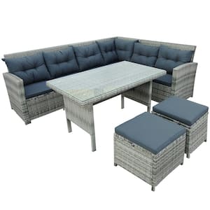 6-Piece Wicker Outdoor Dining Set with Gray Cushions and Glass Table