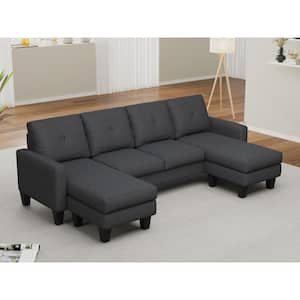 96.8 in. Square Arm U-Shape Linen Sectional Sofa in Dark Gray with Ottomans (4 Installation Options)