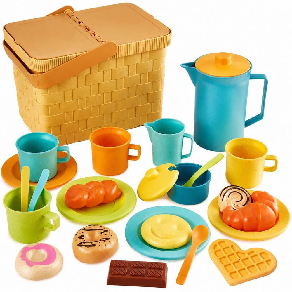 Kids Picnic Basket Tea Party Play Set with Basket, Mat, Teapot, Cups, Plates, Spoons and Dessert Food product image for price tracking