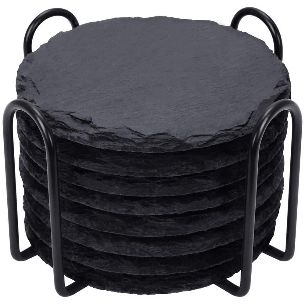 8-Pack 4 in. W x 0.2 in. H x 4 in. D Round Slate Coasters with Metal Holder, Stone Drink Mats for Bar Kitchen