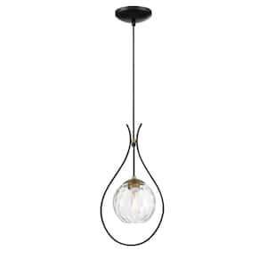 Cody 1-Light Black and Soft Brass Mini Pendant Light with Clear Water Glass Shade