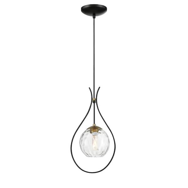 Minka Lavery Cody 1-Light Black and Soft Brass Mini Pendant Light with Clear Water Glass Shade