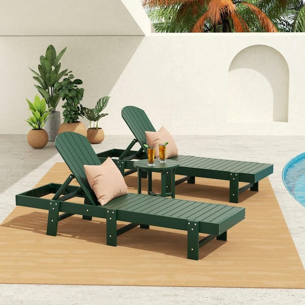 WESTIN OUTDOOR Altura 3PC Outdoor Patio Classic Adjustable Adirondack Backrest Chaise Lounge and 18 in Round Side Table Set, Dark Green